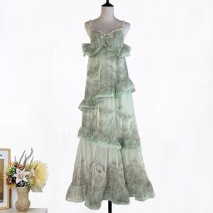 Stunning Designer Mint Green Chiffon Lace Pearl Maxi Dress